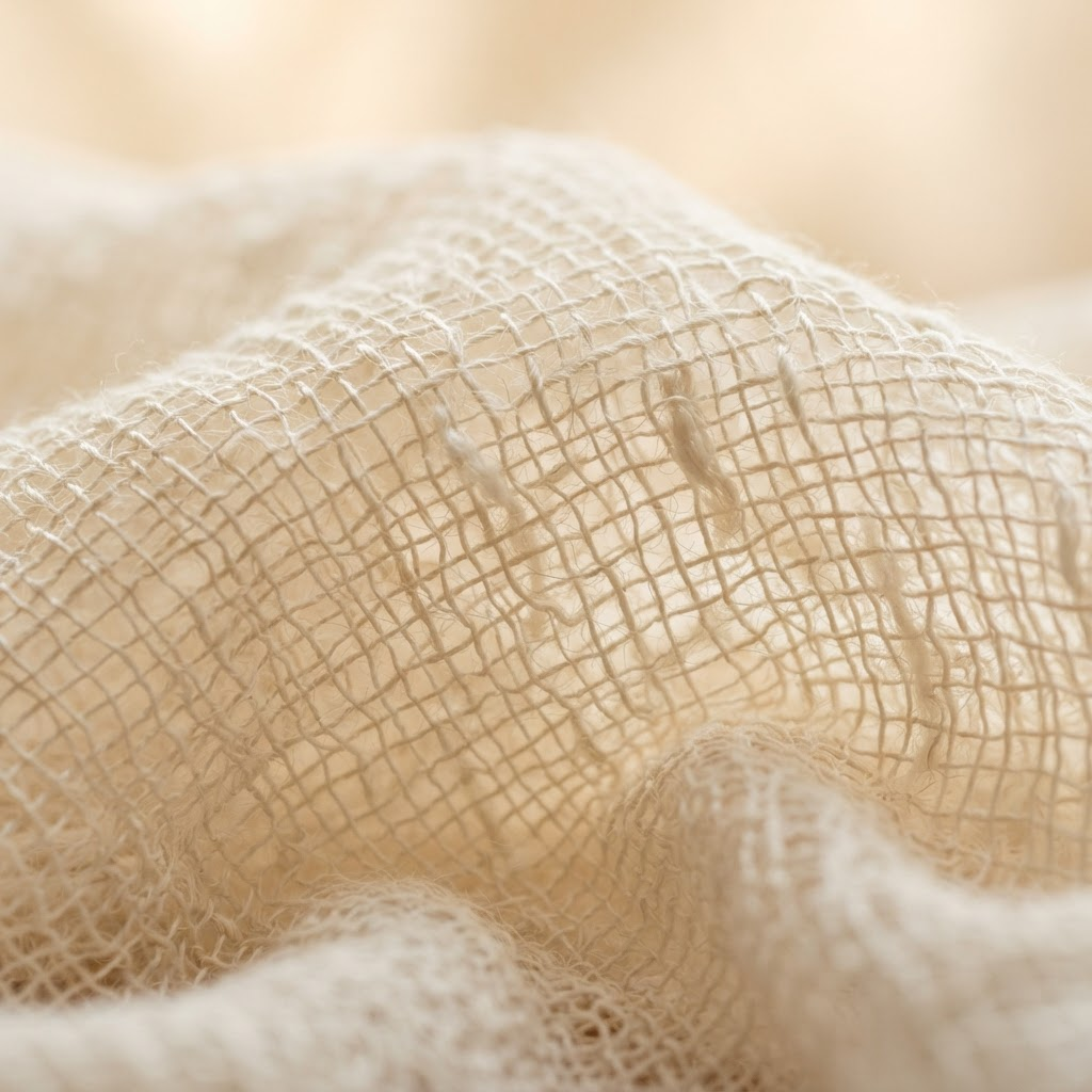 Extreme close-up of open-weave white cotton muslin backlit by daylight, showing its airy texture